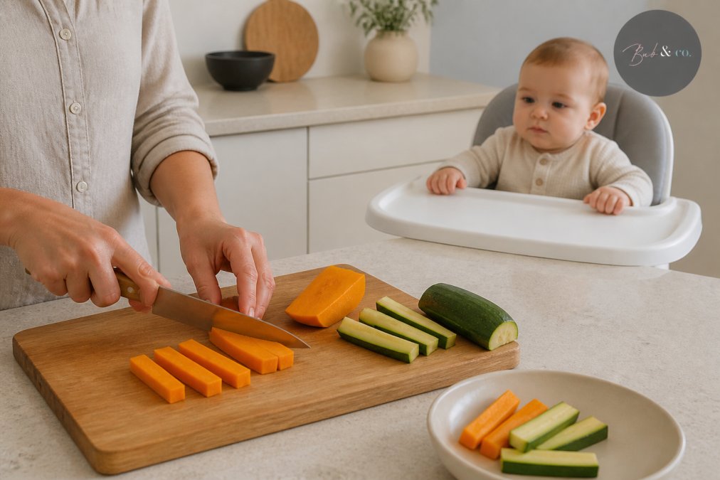Parent cutting soft pumpkin and zucchini strips for baby led weaning on a wooden board while a baby watches