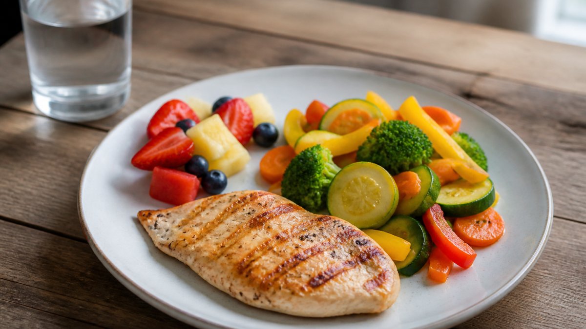 A colorful plate of grilled chicken, mixed vegetables, and a small portion of fruit on a wooden table, with a glass of water nearby, in soft natural daylight