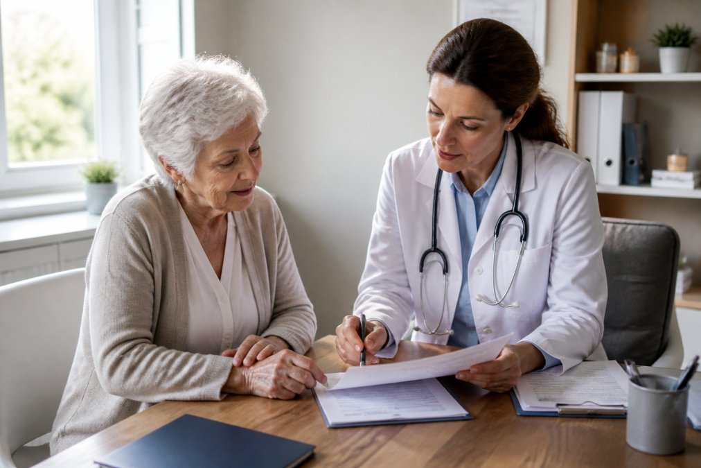 Older adult patient in medical office seated across from healthcare provider at desk, both reviewing medical documents together, warm natural lighting from window