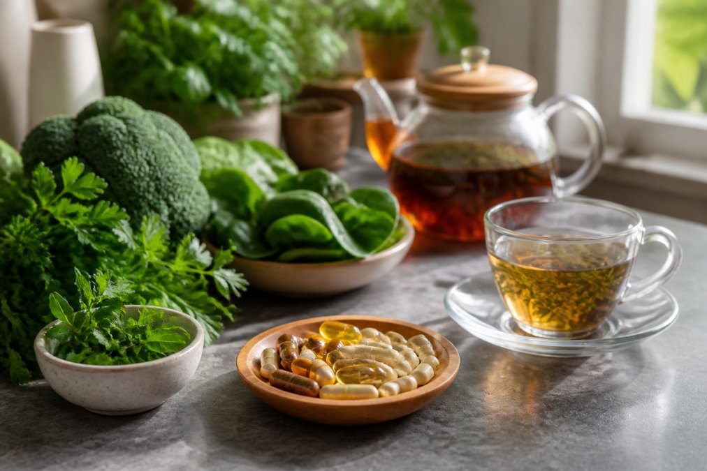 Close-up of organic supplements, fresh green vegetables, and herbal tea steeping in glass cup on kitchen counter with warm natural morning light