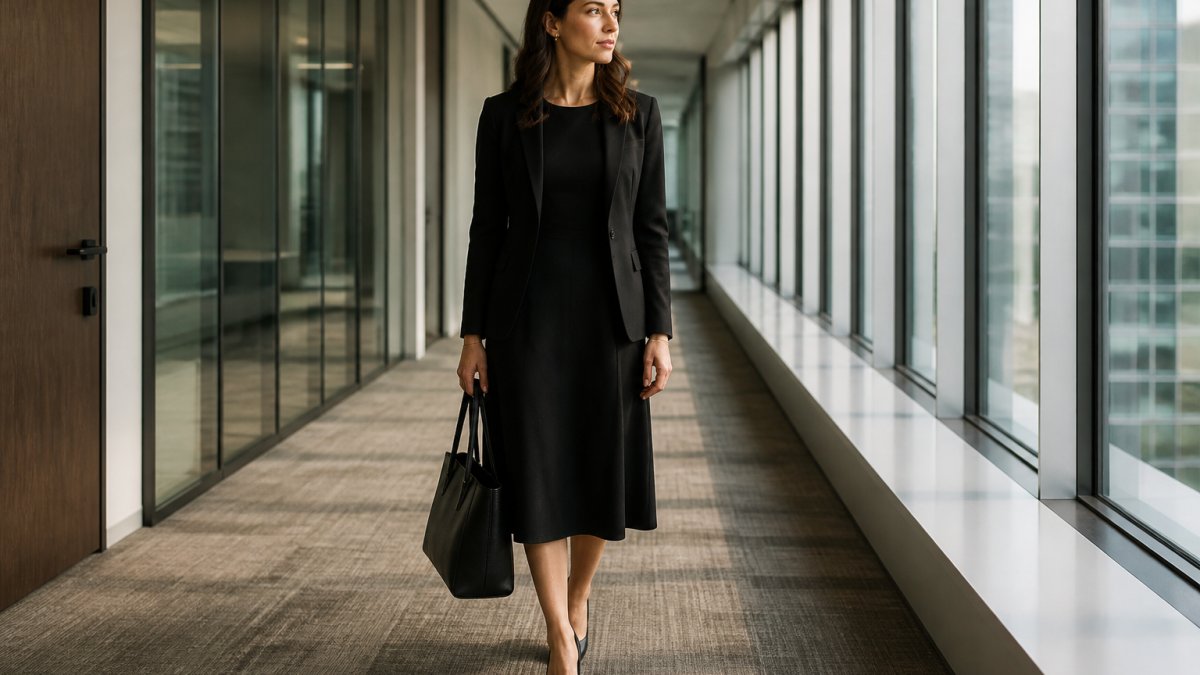 A woman in a black midi dress and blazer standing in a bright office corridor, holding a work tote, natural daylight from large windows