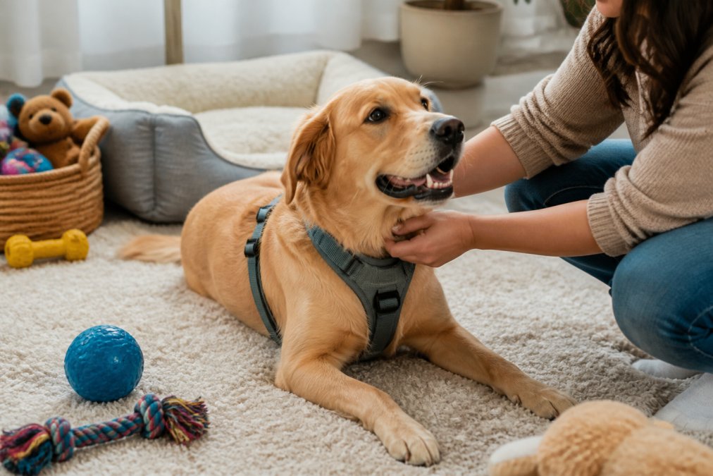 A calm dog wearing a new harness in a cozy home space with toys and a comfortable bed nearby, showing a relaxed, positive interaction with the new gear