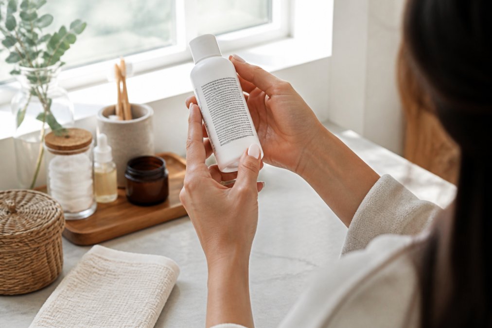 Close-up of a woman's hands holding a skincare bottle near a bright window, turning the label toward the camera to read the ingredient list, soft natural light, neutral bathroom counter