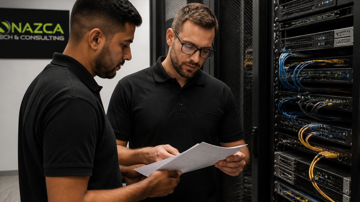 IT technicians reviewing network equipment to transition to a new managed IT provider during a system handoff.