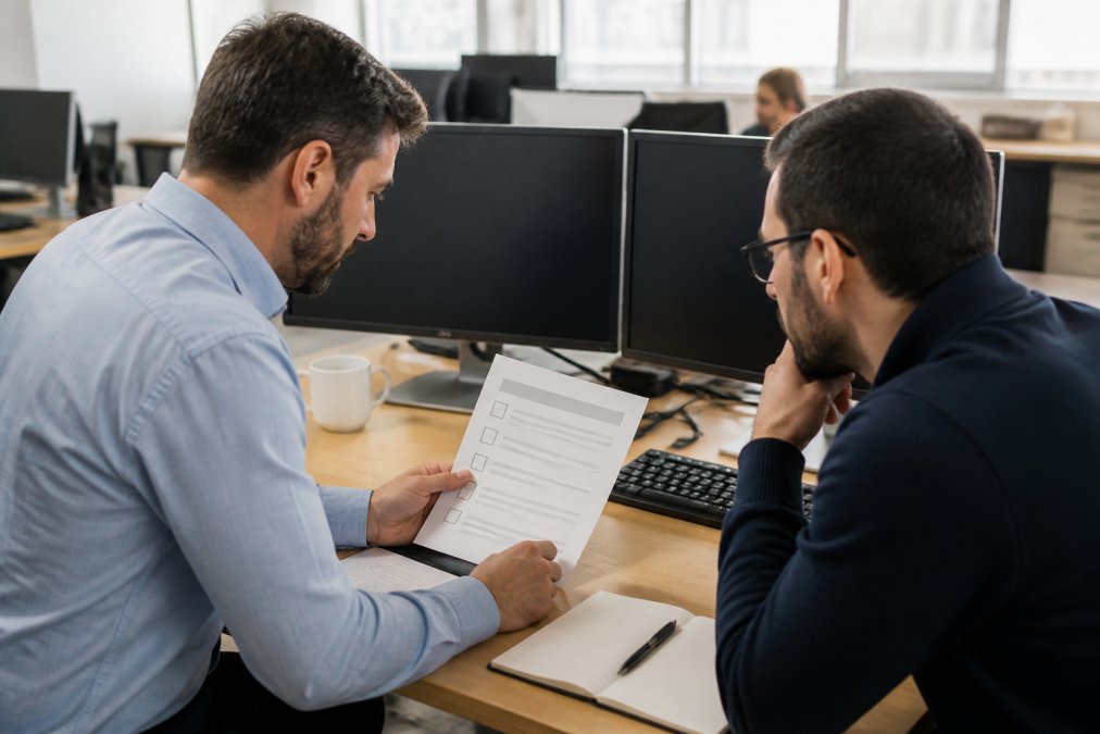 An IT manager and operations lead reviewing a printed checklist at a desk with two monitors showing network diagrams in a bright office