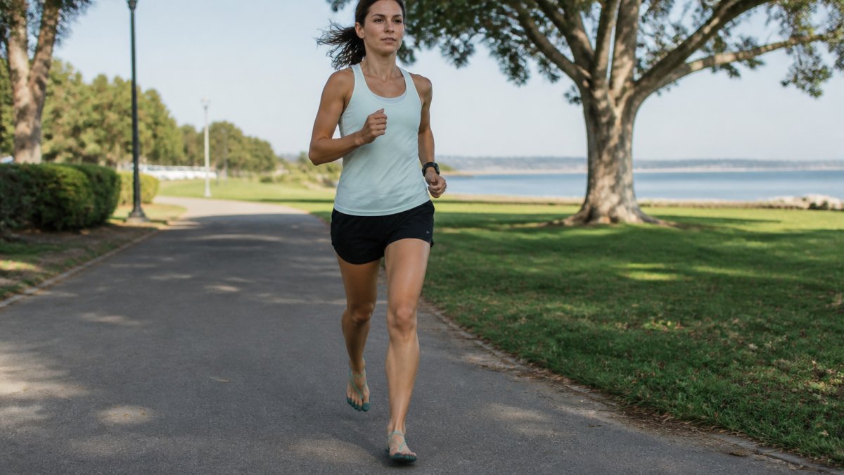 A runner in minimalist shoes jogging on a smooth, flat paved path in a park, with a watch on their wrist, looking relaxed and focused on their stride