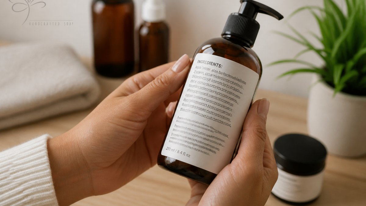 Close-up of hands holding a skincare product bottle with visible ingredient label, natural lighting showing text clearly readable
