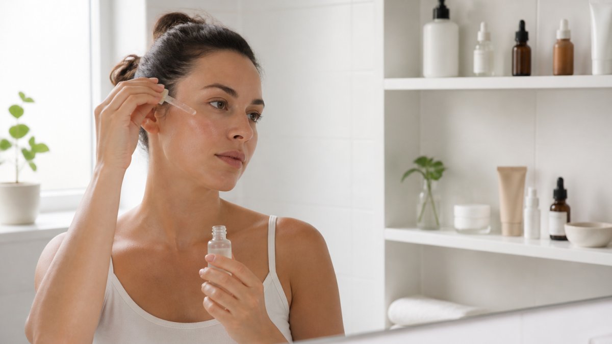 Person applying clean skincare serum to face in bright, minimalist bathroom with organized skincare bottles on white shelf
