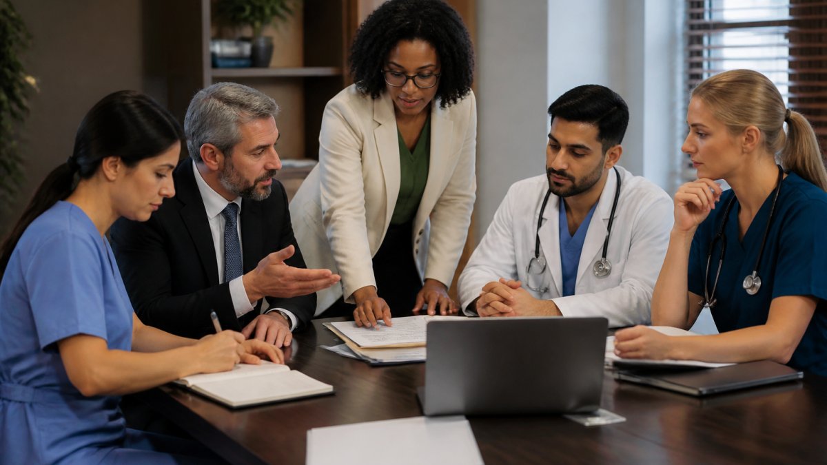 Healthcare professionals and administrators collaborating at a conference table with laptops and clinical documents, discussing practice operations and growth strategy under warm office lighting
