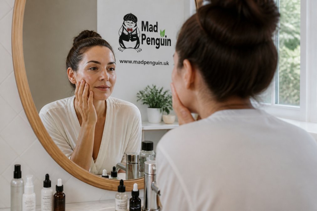 Woman in her 30s examining her skin in a mirror while transitioning to a low-tox skincare routine at home.