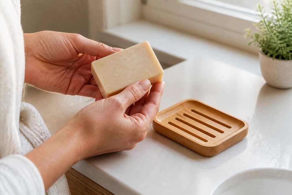 Hands holding a natural shea butter organic soap bar over a bamboo dish on a bathroom counter