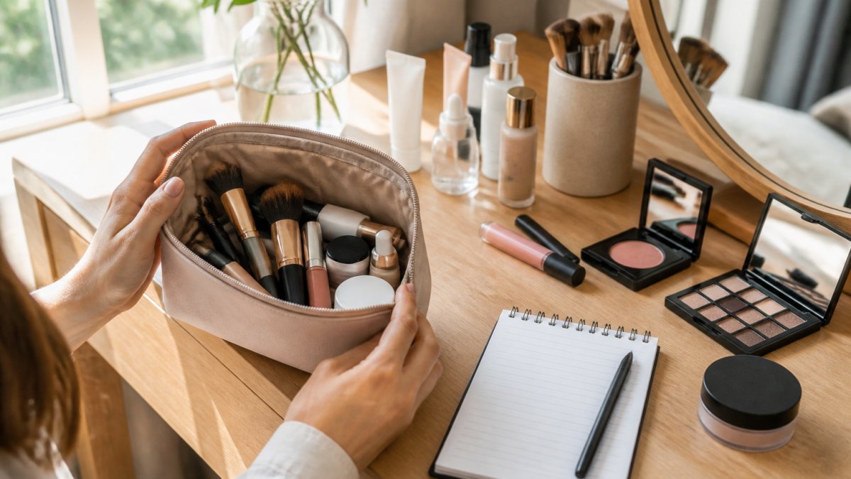 Person holding an open makeup bag on a wooden vanity with a notepad for tracking sustainable beauty swaps