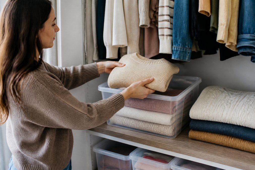 Woman folding a knit sweater into a clear storage bin on a closet shelf with other organized clothing