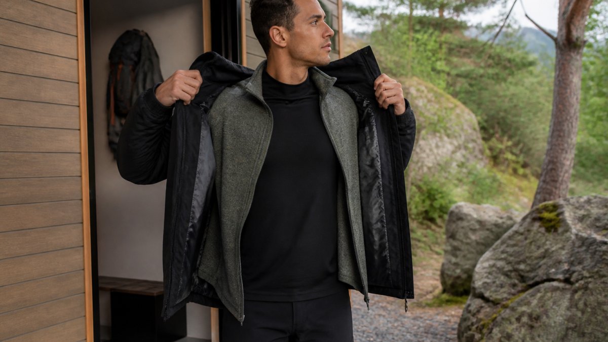 Active person wearing layered outfit transitioning between indoor and outdoor environments, showing fitted moisture-wicking base layer, lightweight fleece mid-layer, and versatile jacket that can be removed or added based on temperature changes