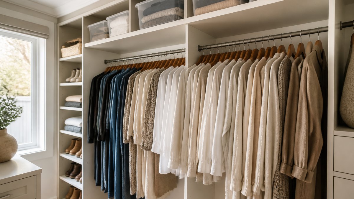 Well-organized closet with current-season clothing hanging at eye level in neutral tones, off-season items neatly stacked on upper shelves in clear labeled bins, natural light illuminating the accessible wardrobe space
