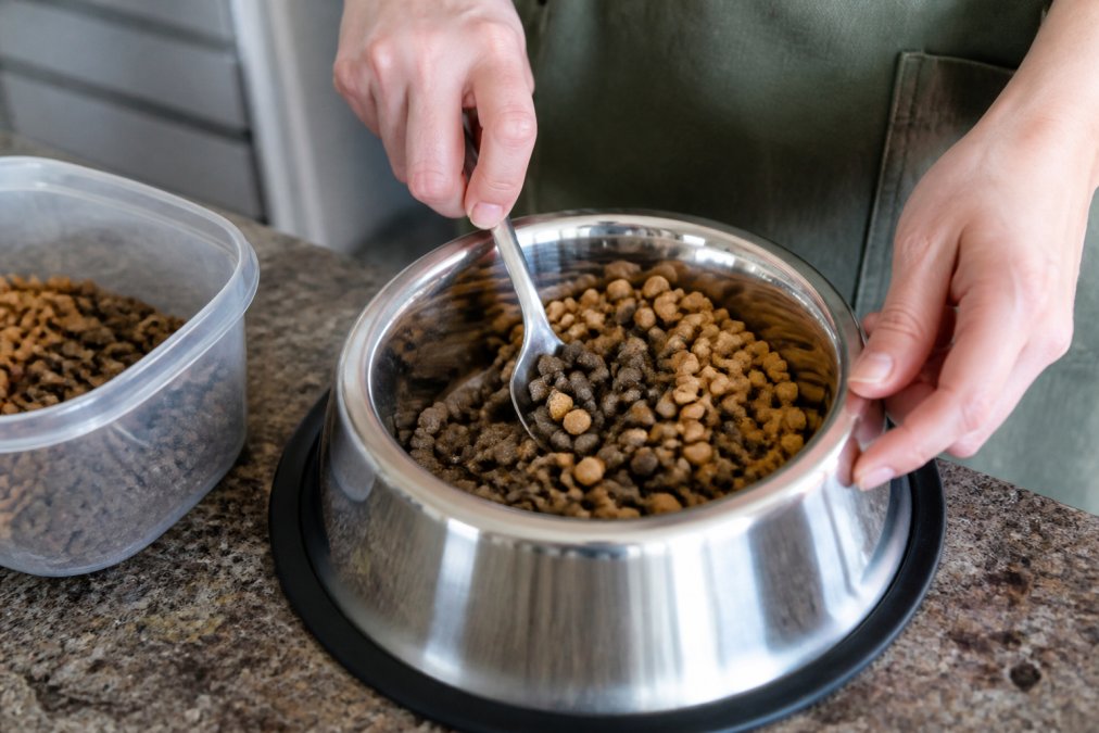 Close-up of hands mixing old and new dog food in a stainless steel bowl, showing the gradual blend ratio with kibble pieces visible, natural kitchen lighting