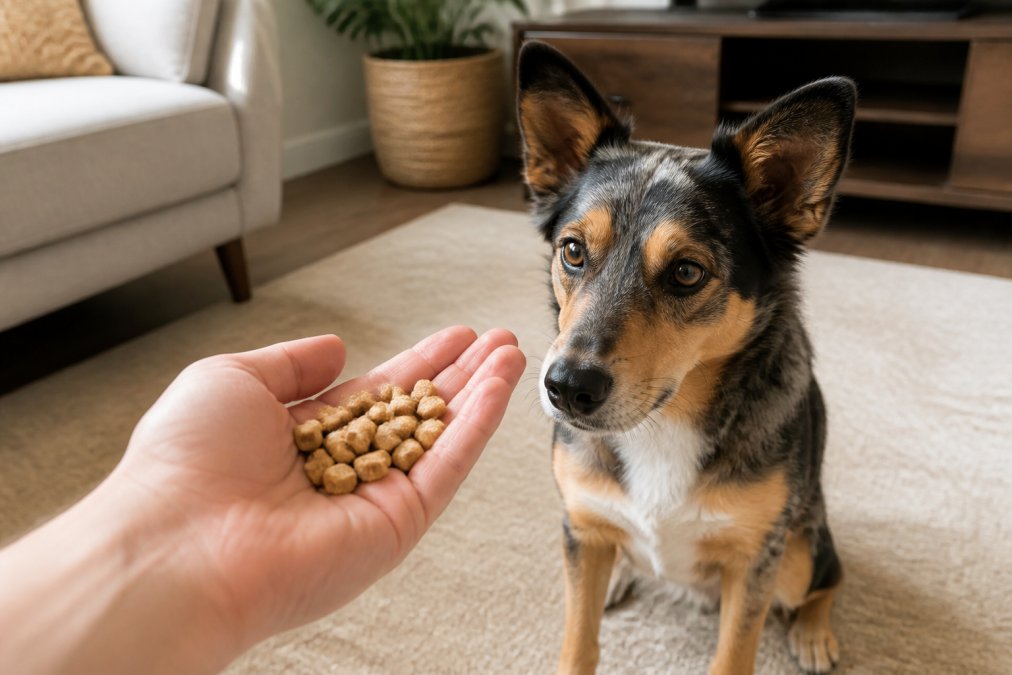 Dog owner's hand offering freeze-dried kibble-sized treats to an alert dog in a bright living room, showing the small treat pieces clearly visible in the palm