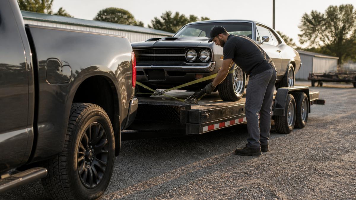 A man in work clothes securing a classic car onto a flatbed car hauler trailer with ratchet straps in a gravel lot, pickup truck hitched in the foreground, late afternoon light