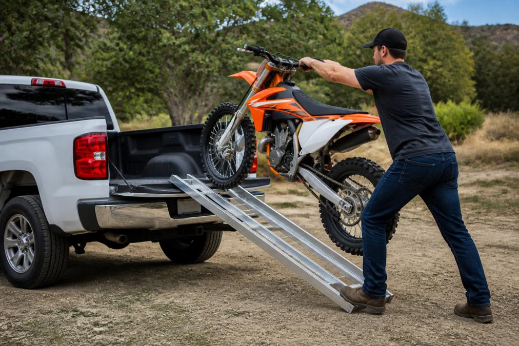 A rider carefully pushing a dirt bike up a loading ramp into a pickup truck bed, demonstrating proper body positioning with feet planted firmly on the ground and hands guiding the handlebars