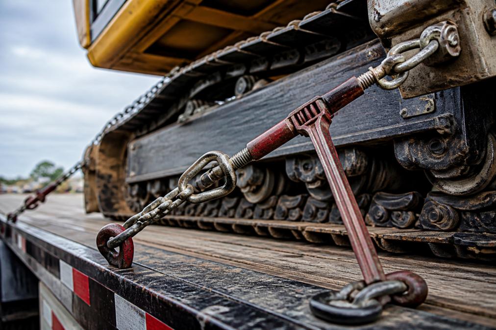 Close-up of heavy chains and binders securing machinery to a flatbed trailer, showing proper tie-down technique with load securement in action