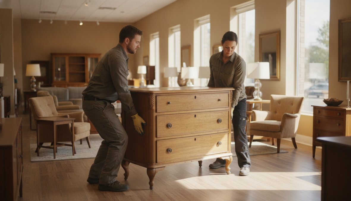 Two people demonstrating proper lifting technique with bent knees and straight backs while lifting a heavy wooden furniture piece together, natural daylight through large windows