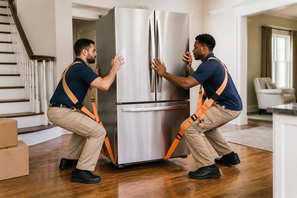 Two movers demonstrating proper ergonomic lifting technique with lifting straps around a large appliance, keeping backs straight and knees bent, in a well-lit residential setting