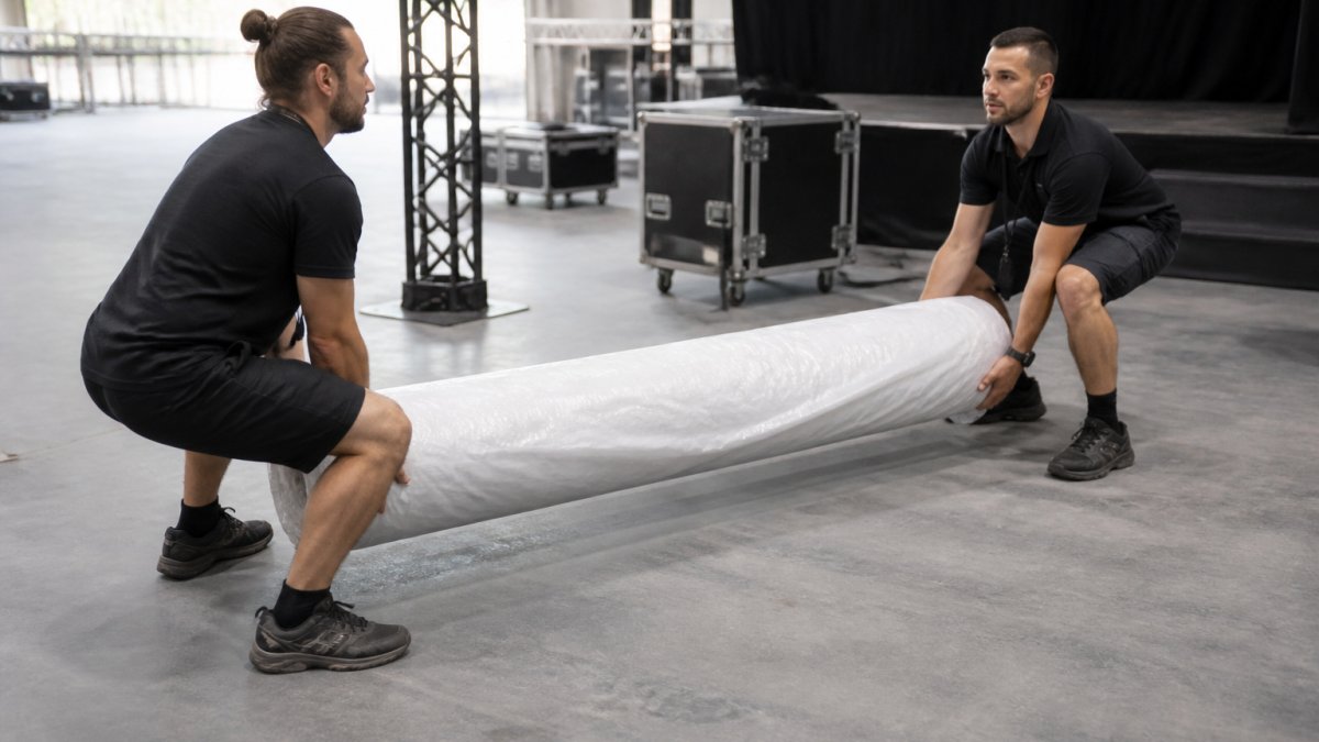 Two people demonstrating proper lifting technique for a large rolled backdrop in an event venue.