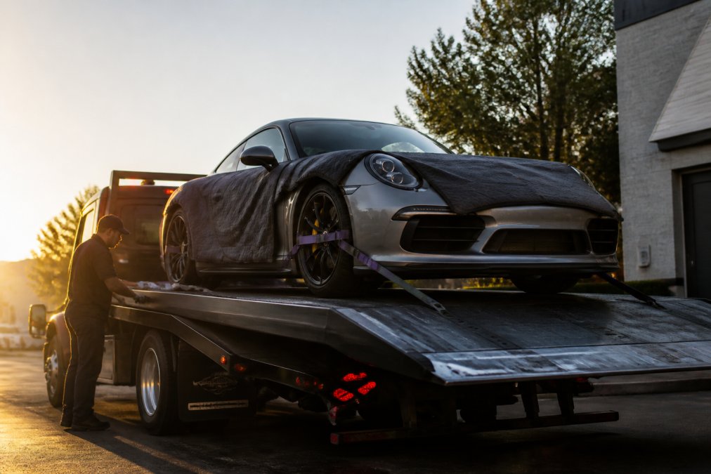 A luxury sports car secured on a flatbed tow truck with hydraulic lift gate deployed, soft tie-downs attached to wheel mounting points, and protective blankets covering the hood and sides in morning sunlight