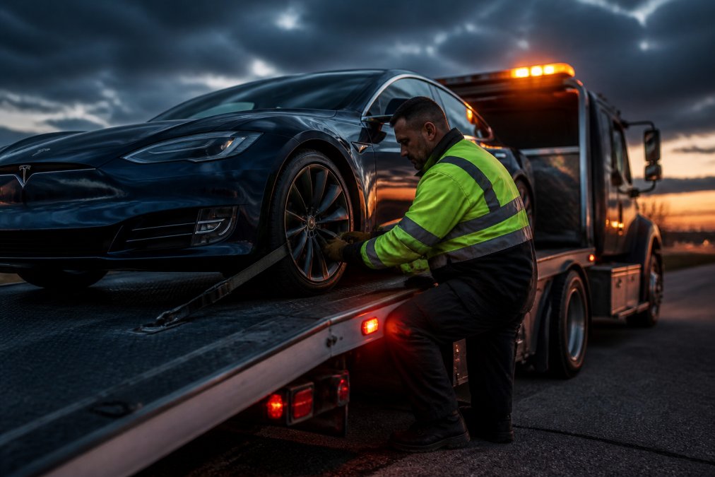 A Tesla Model S being carefully positioned on a flatbed tow truck using hydraulic lift gate, with technician in high-visibility gear checking soft tie-down attachment points on wheel mounting hardware