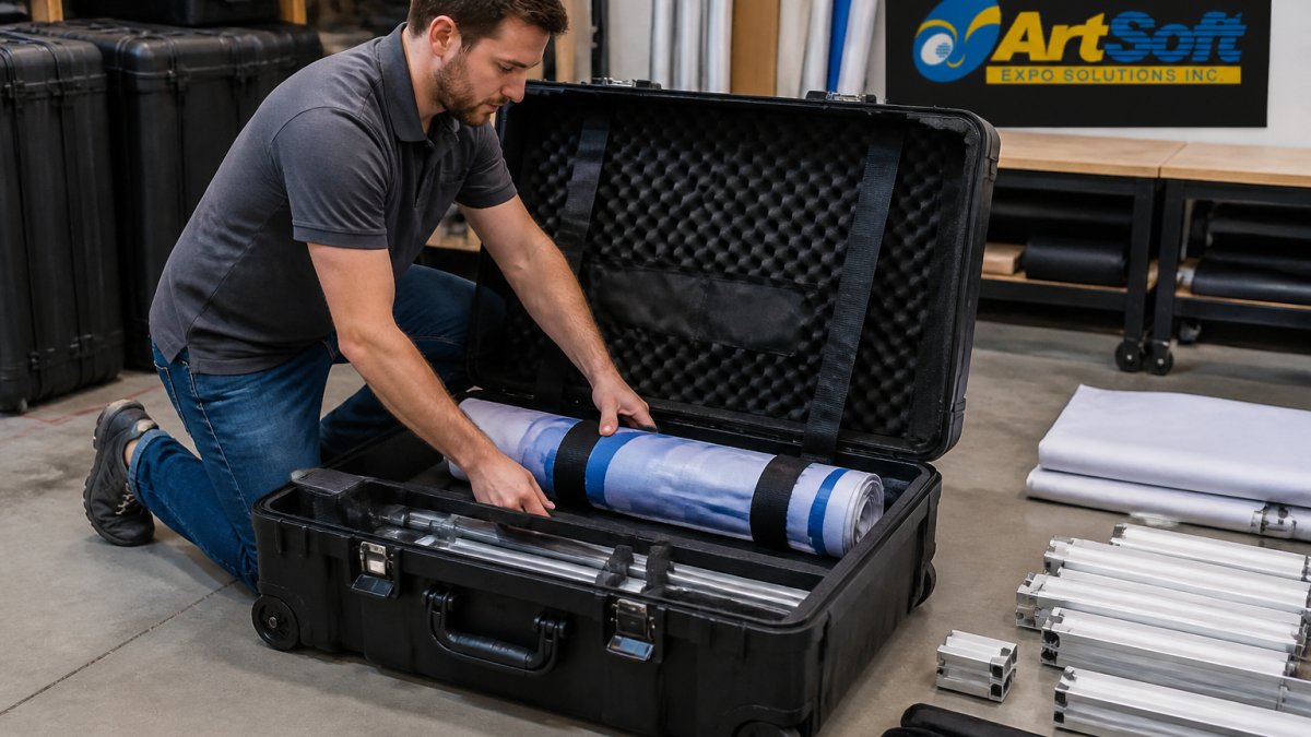 Person packing a rolled fabric graphic into a protective molded shipping case with foam padding in a warehouse.