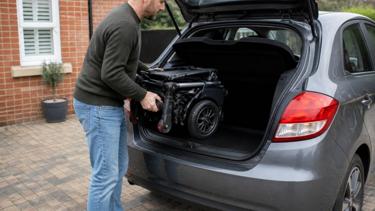 A person lifting the folded frame of a lightweight electric wheelchair into the open boot of a small hatchback car on a residential driveway, overcast daylight