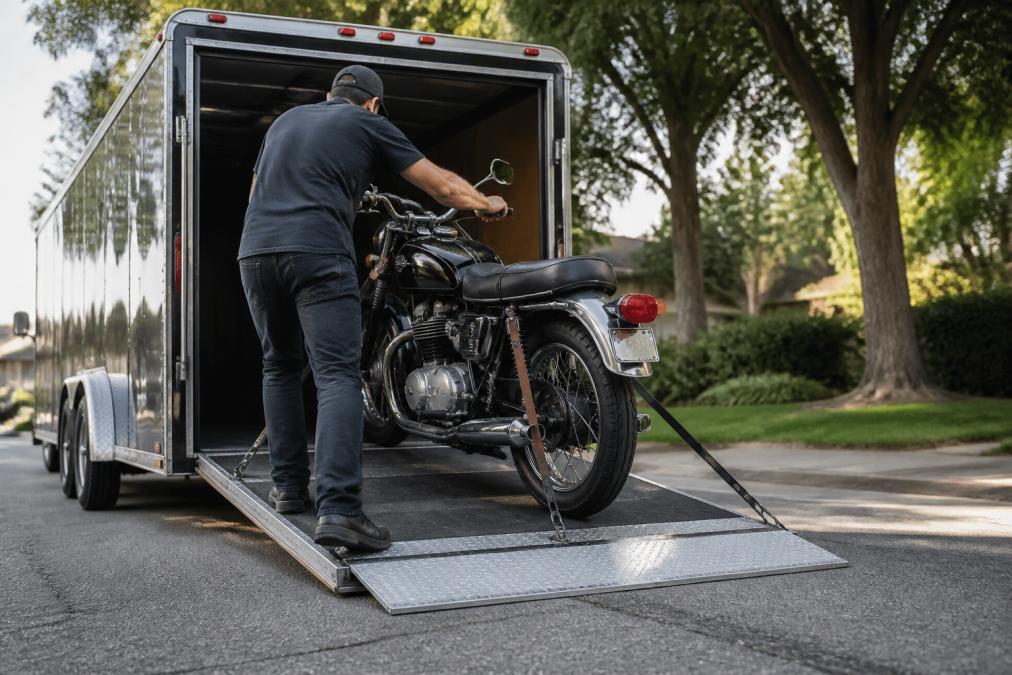 Professional driver loading a vintage motorcycle into an enclosed transport trailer using a loading ramp, demonstrating proper technique with the bike angled correctly and secured with soft straps