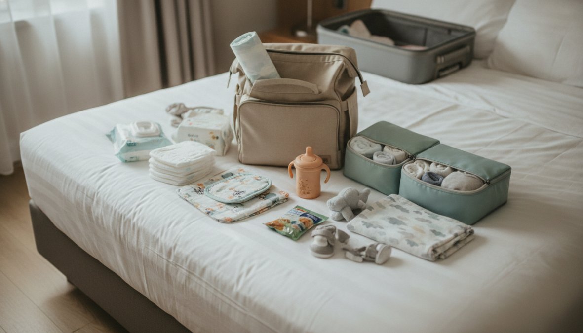 Flat-lay photo on a white bed showing neatly organized baby travel essentials including folded onesies in packing cubes, a small changing mat, a stack of diapers, a sippy cup, a compact diaper bag, and a pacifier in natural morning light