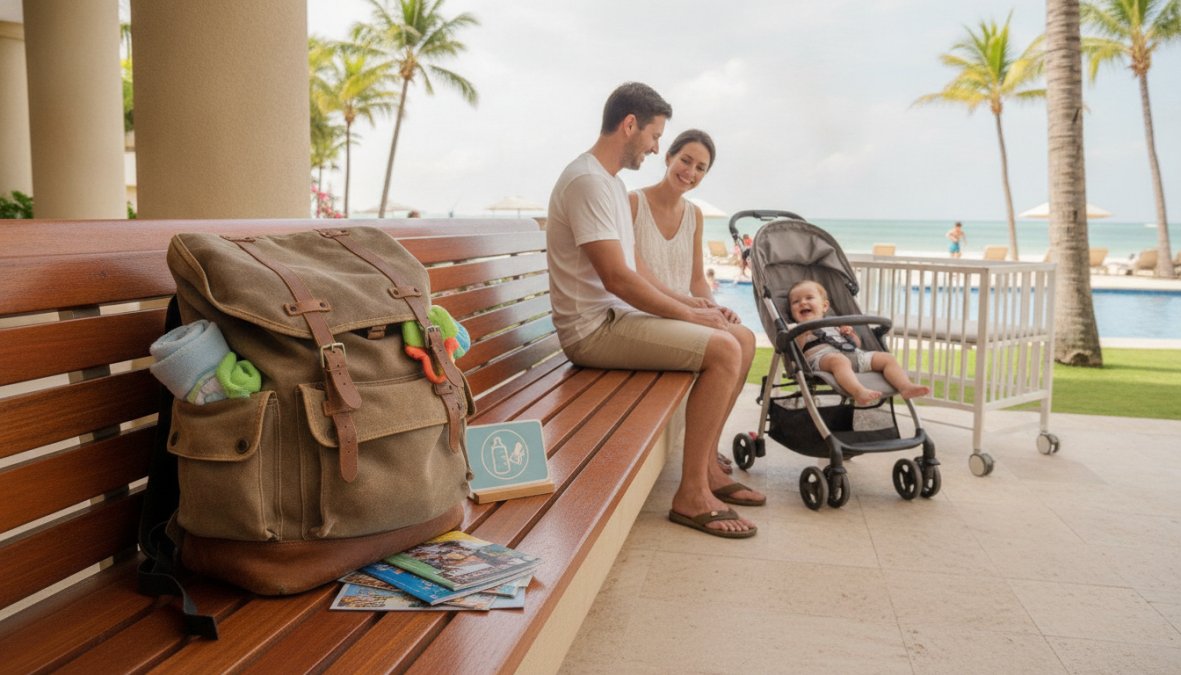 Smiling mother in her early thirties arriving at a bright, airy beach vacation rental with a single backpack over her shoulder, looking into the living area where a white pack n play and compact stroller are already set up and waiting, afternoon sunlight streaming through large windows
