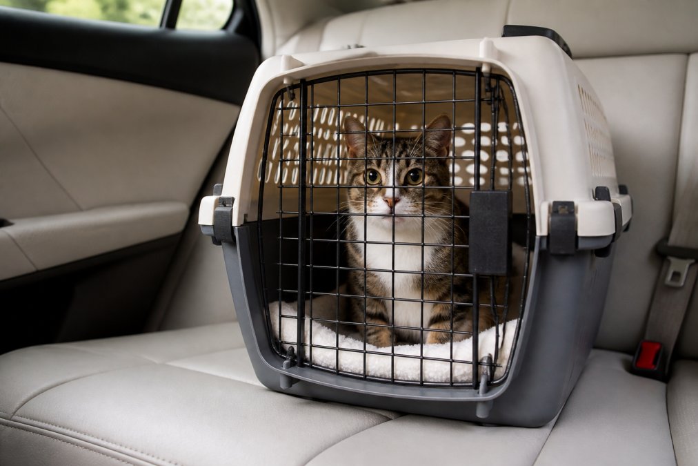 Cat sitting calmly inside a well-ventilated hard-sided carrier with a soft blanket lining the bottom, showing proper carrier setup with good visibility and comfort features