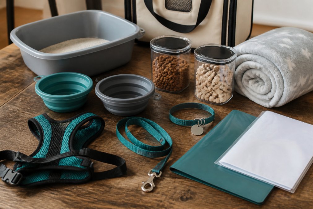 Travel essentials laid out on a wooden table including portable litter box, collapsible water and food bowls, cat food in sealed containers, ID tags, leash and harness, vaccination records in a folder, and a rolled blanket, showing organized packing for road trip with a cat