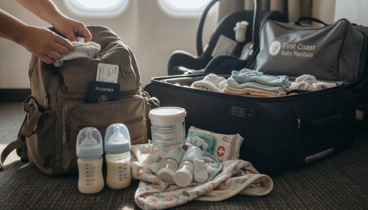 Parent laying out travel essentials on a bed including folded diapers, formula bottles, sanitizing wipes, a changing pad, pacifiers, and a small blanket for an infant
