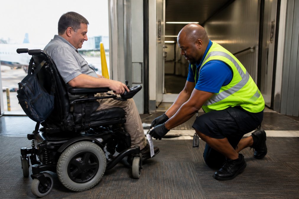 A traveler in a power wheelchair at an airport gate, airline staff attaching a gate-check tag to the wheelchair while the traveler watches, with a jet bridge visible in the background