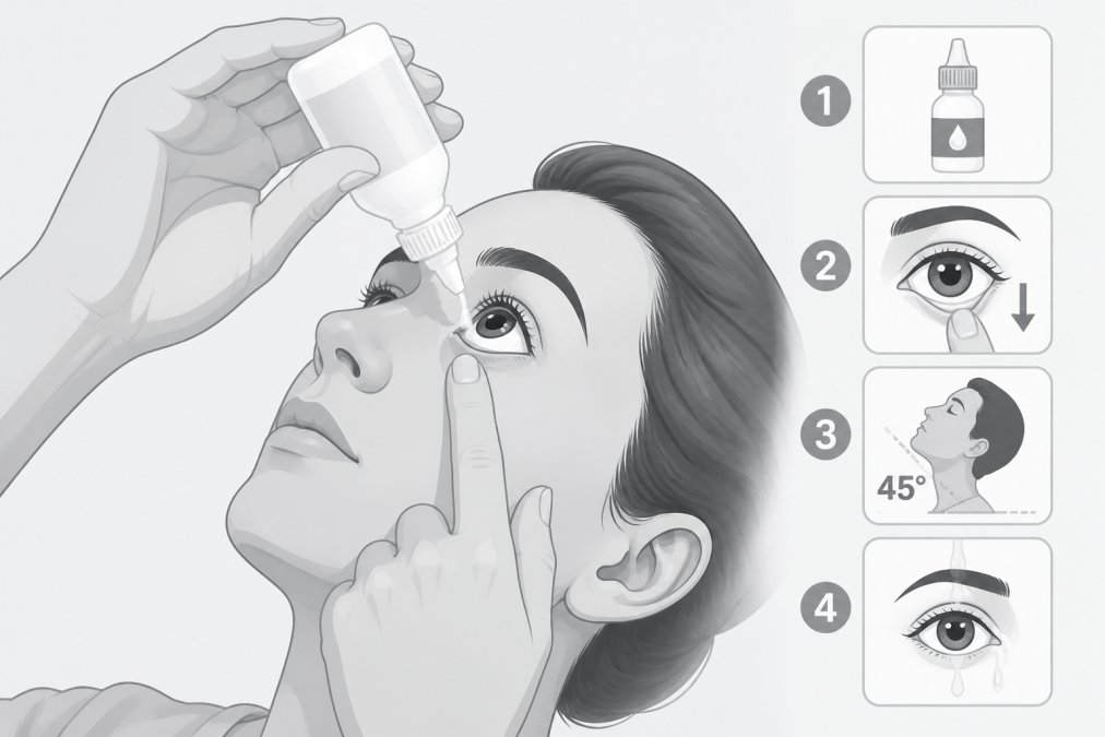 Close-up of a person tilting their head back with eyes open, carefully applying sterile saline solution from a bottle to flush the eye, showing proper hand positioning and technique with natural lighting