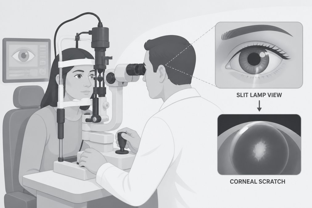 Patient seated in an ophthalmologist's examination chair while the doctor uses a slit lamp to examine the eye closely, showing proper clinical evaluation technique with professional medical equipment and lighting
