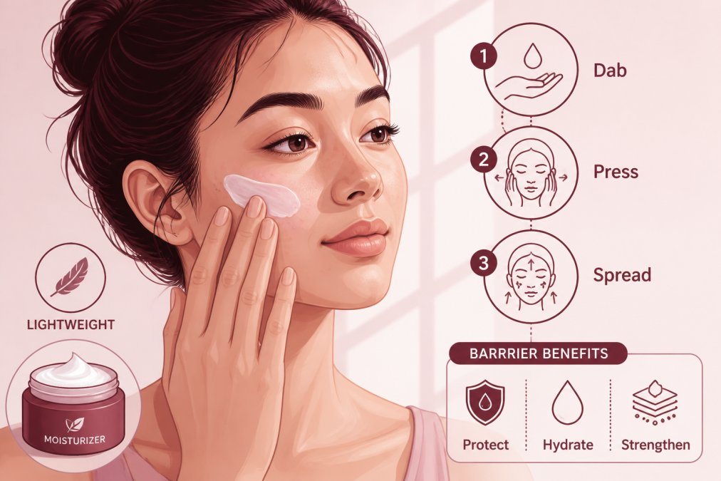 Close-up of someone applying a lightweight, hydrating moisturizer to their face with fingertips, showing calm, deliberate application technique with soft natural morning light streaming across their skin