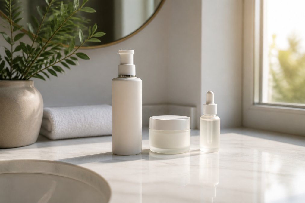 A person's bathroom counter with a minimal skincare routine laid out: gentle cleanser, lightweight moisturizer, and a small bottle of serum, arranged neatly on a clean white surface with soft natural morning light streaming through a nearby window, showing the simplicity and intentionality of a gentle acne routine