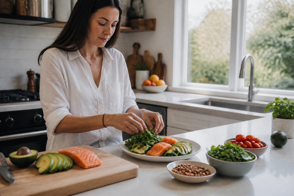 A person preparing a colorful balanced meal with leafy greens, salmon, and sliced avocado on a wooden cutting board in a bright home kitchen, morning light through the window