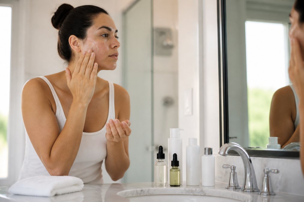 Infographic flowchart illustrating a 5-step medical-grade skincare routine for clear skin application