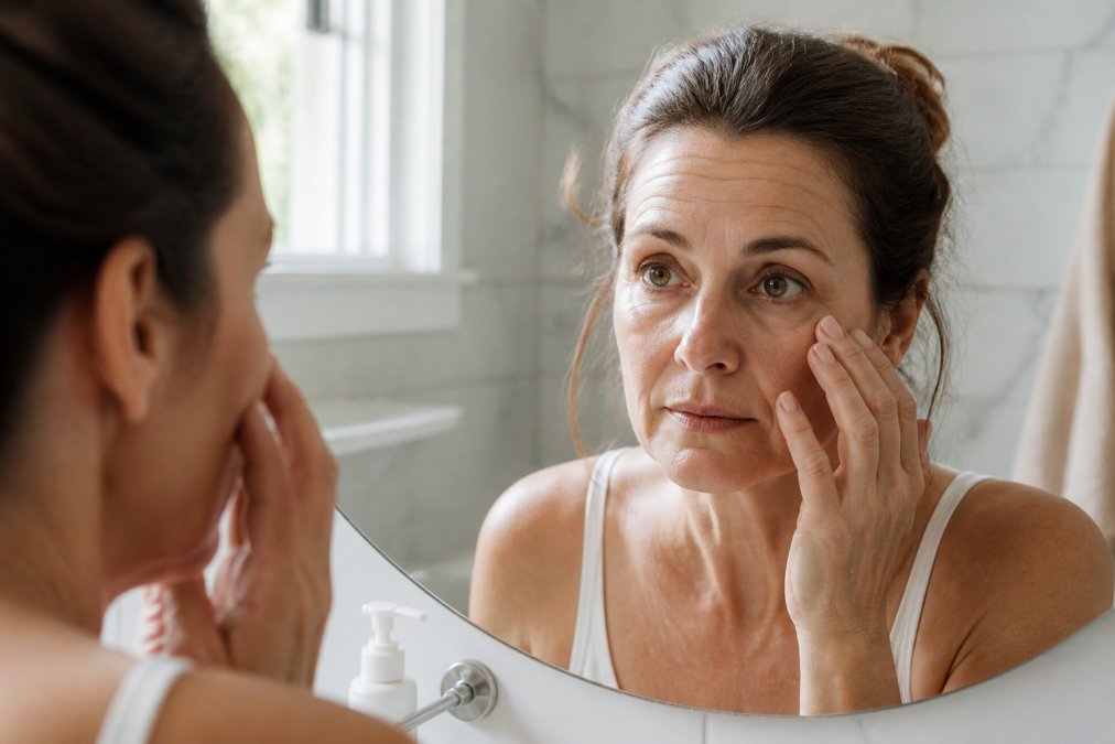 Close-up of a woman in her late 40s examining the fine lines around her eyes in a bathroom mirror, soft morning light through a window
