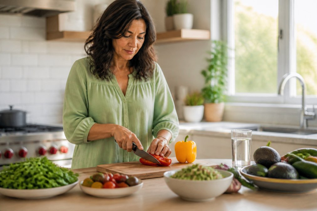 Woman in her 40s preparing a colorful anti-inflammatory meal to help treat autoimmune disease naturally in a kitchen.