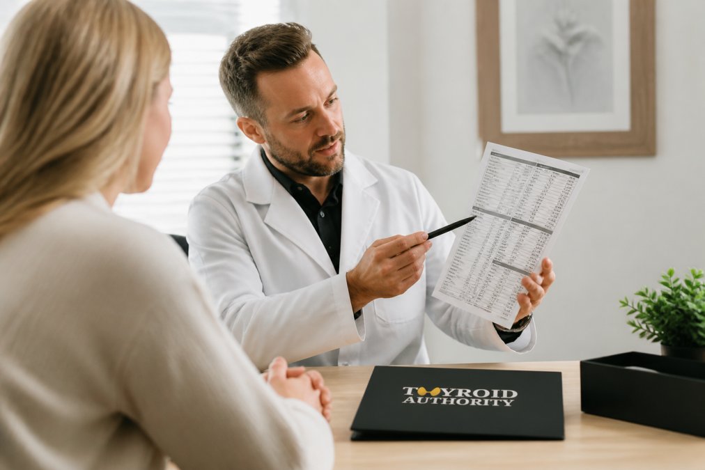 Healthcare provider reviewing comprehensive thyroid lab results with patient in modern clinical office setting, showing detailed blood work panels