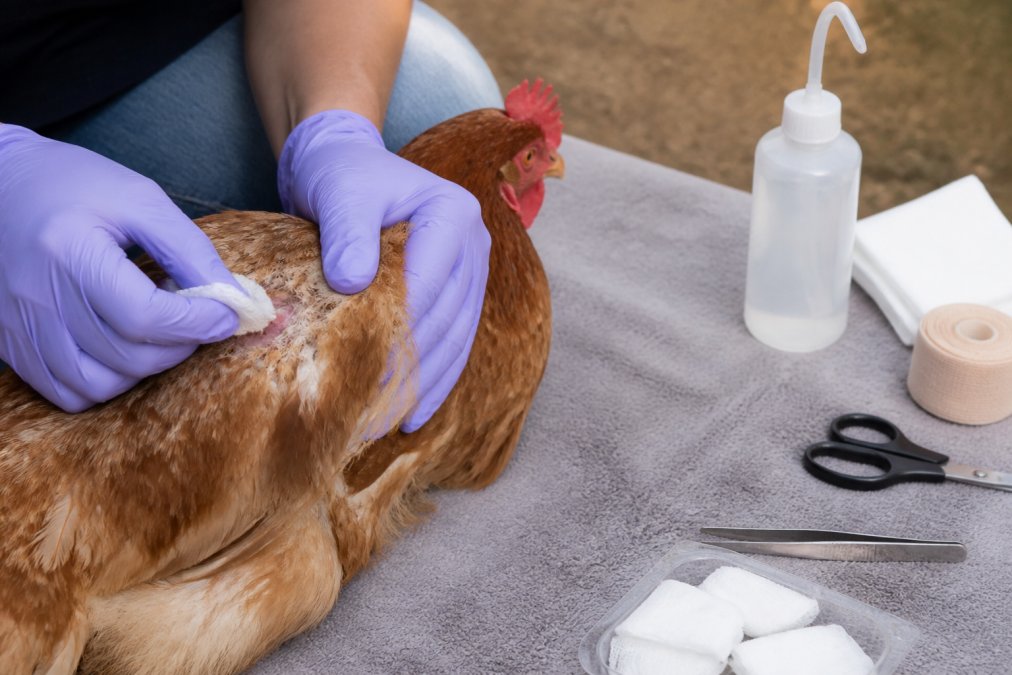 Gloved hands cleaning a wound on a chicken's back using saline to treat chicken injuries on a clean towel.