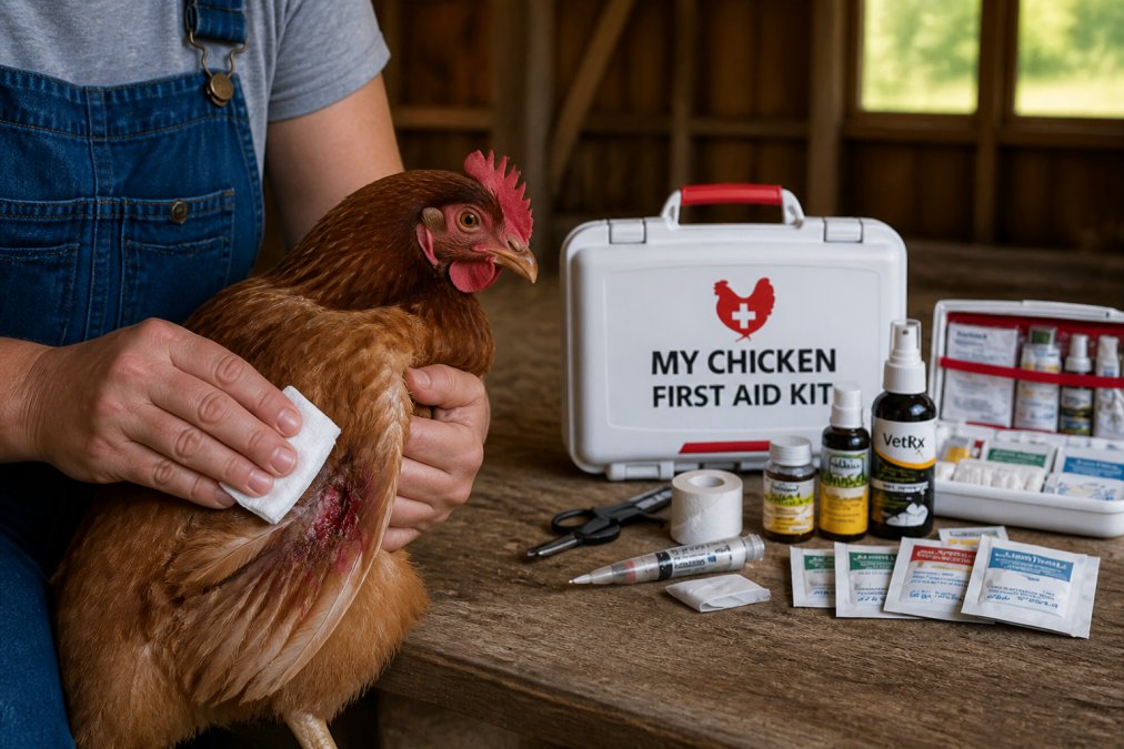 Hands gently applying pressure with clean white gauze to a chicken's wing wound, demonstrating proper bleeding control technique with natural window lighting