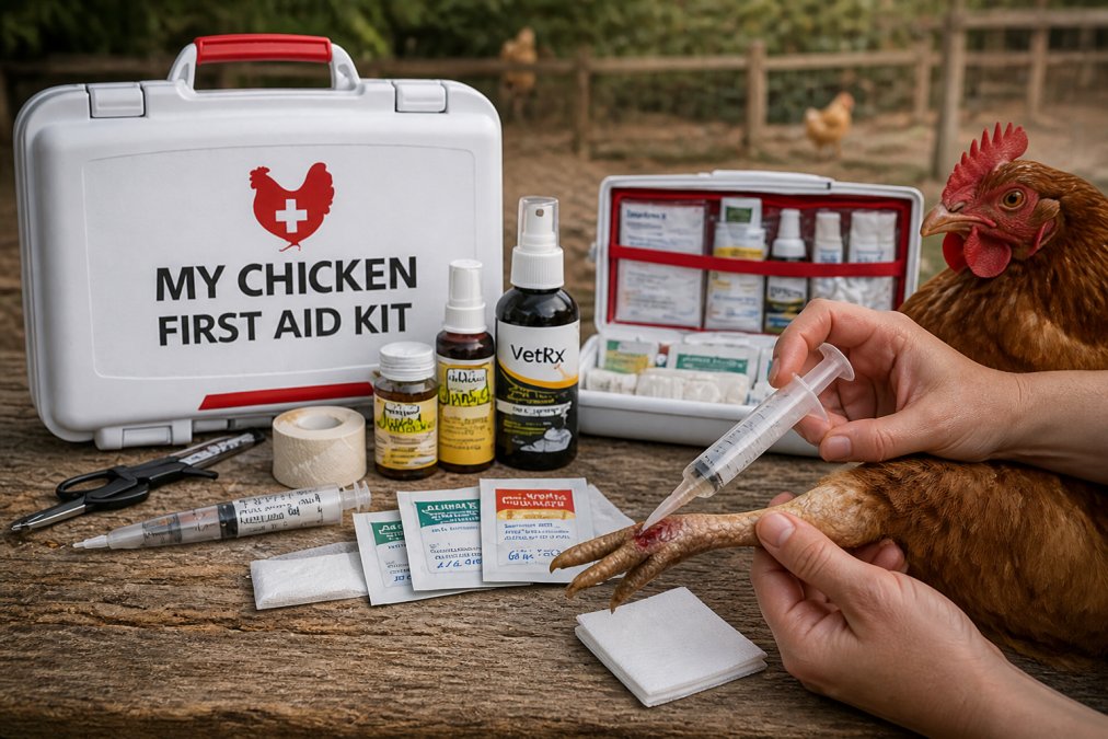 Careful hands using a syringe to irrigate a chicken's leg wound with clear saline solution, with gauze nearby on a clean work surface